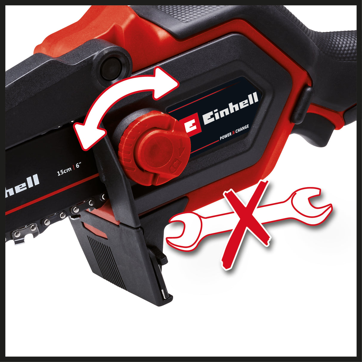 Fierastrau cu lant fara cablu Einhell GE-PS 18/15 Li BL-Solo Power X-Change (18V, motor fara perii, lungime de taiere 12.5 cm, inlocuirea lamei si a lantului fara unelte, fara acumulator).