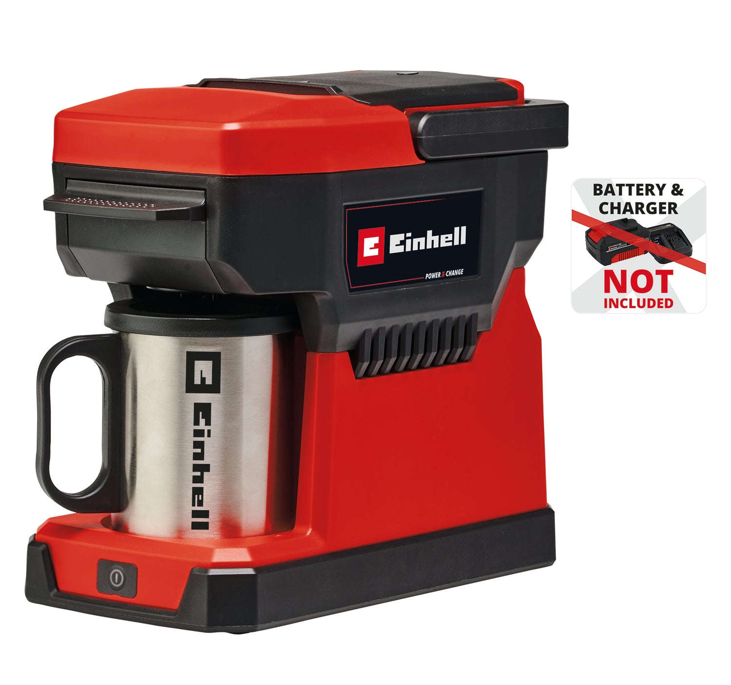 Cafetiera fara fir Einhell TE-CF 18 Li-Solo Power X-Change (18 V, rezervor de apa de 240 ml, pentru cafea filtrata si pad-uri de cafea, maner de transport, incl. cana cu capac, fara acumulator).