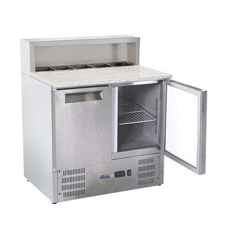 Masa rece cu 2 usi cu suprastructura si blat de lucru din granit,  Arktic 900x700x(H)1070 mm