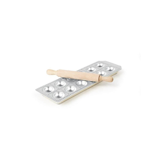 Forma ravioli, aluminiu, 12 forme, picioare antialunecare din cauciuc, sucitor din lemn inclus, diametru 39 mm Hendi, 114x335x22 mm
