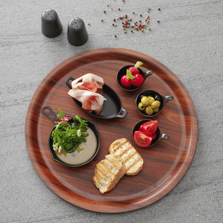 Tava Hendi pentru servire imitatie lemn rotunda, cu margine inalta 320 mm