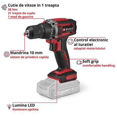 Masina de gaurit cu acumulator Einhell TC-CD 18/38 Li - Solo Power X-Change, 18 V, 38 Nm, mandrina de 10 mm, 21+1 setari de cuplu, lumina LED, fara baterie - imagine 3