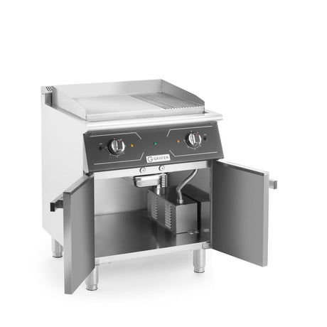 Grill electric mixt cu spatiu de depozitare, 1/3 striat, 2/3 neted, 9kw, 400V, 700x700x(H)850+90 mm