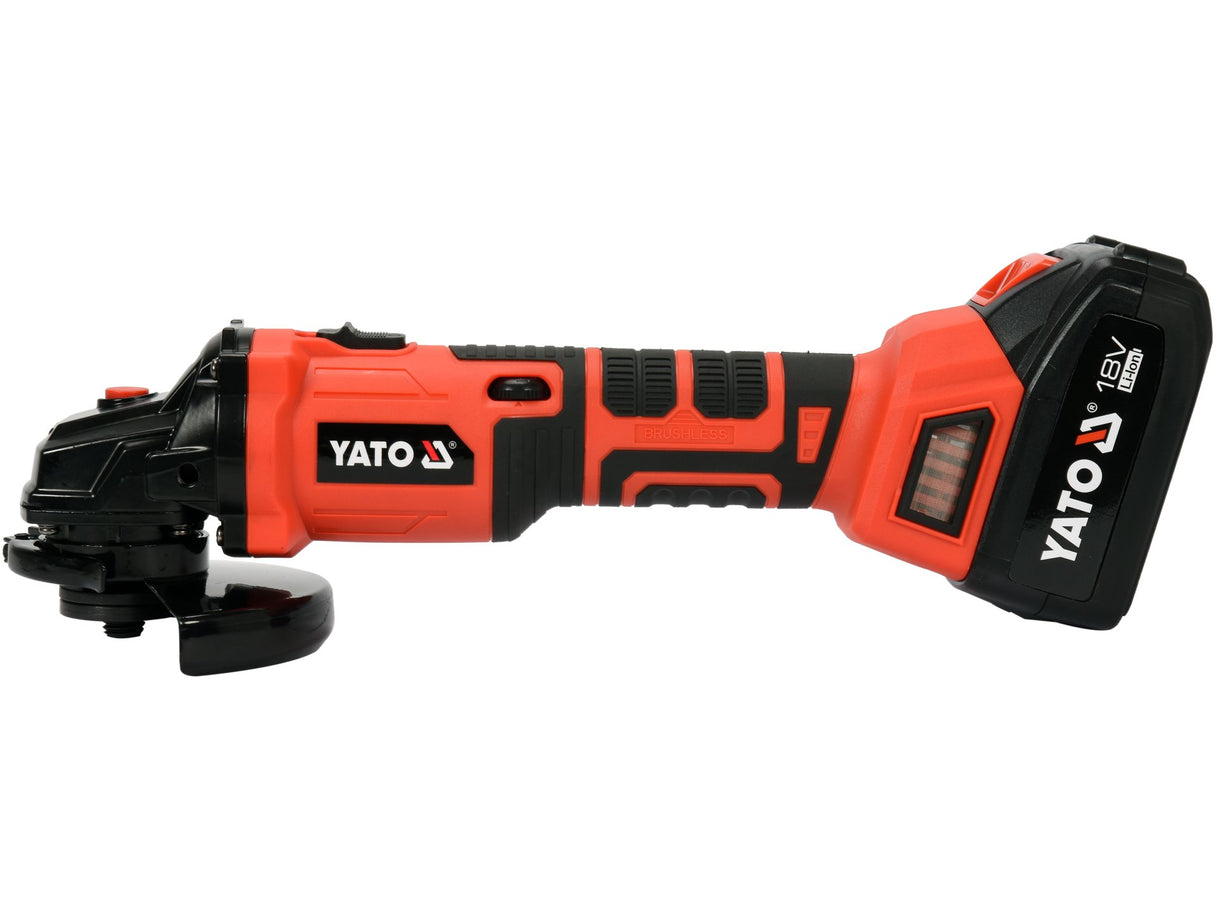 18V-os sarokcsiszoló, YATO YT-82829 125MM, szénkefe nélküli, állítható sebességgel