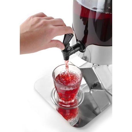 Dispenser profesional pentru suc 5 litri, sistem racire cu cuburi gheata, corp inox, cuva policarbonat, robinet anti-picurare, Hendi, 28x22x(H)51 cm