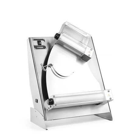 Aparat electric pentru formatare aluat de pizza sau paste Prismafood 400 cu 2 perechi de role, greutate portie de aluat 0,21-0,70 kg, 230V/250W, 585x435x(H)790mm