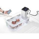 Aparat Sous-Vide Plus IPX7, capacitate pana la 80L, 2200 KW, optiune conectare Wi-Fi la aplicatie Android sau IOS cu 600 retete preincarcate, temperatura de la 5°C la 99°C, pas de 0.07°C, display digital cu ecran tactil de 4 inch, 130x145x(H)330 mm