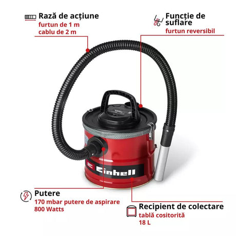 Aspirator pentru cenusa Einhell TC-AV 1830 D, 800 W, putere de aspirare 170 mbar, recipient colectare 18 l, sistem de filtrare, pre-filtru pentru praf fin, functie de suflare, furtun 1 m, cablu 2 m - imagine 3