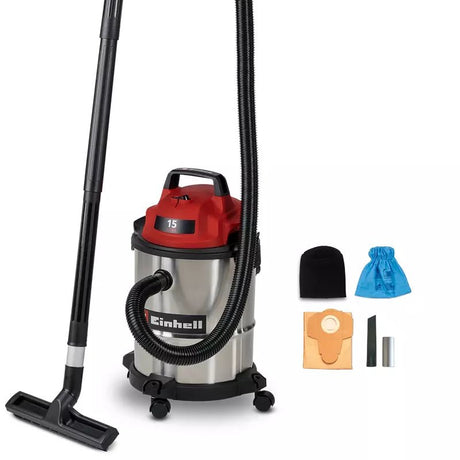 Aspirator umed-uscat Einhell TC-VC 1540 S, 900 W, capacitate de aspirare 180 mbar, role din otel inoxidabil de 15 L, suport pentru accesorii, inclusiv diverse filtre si duze - imagine 1