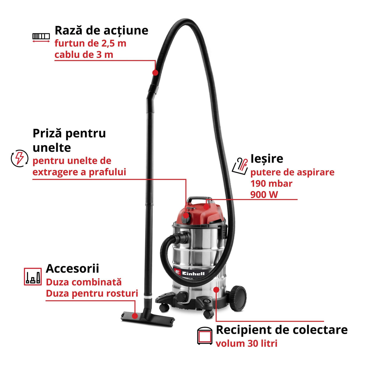 Aspirator umed - uscat Einhell TC - VC 3055 SA - cablu 3 m, maner transport, 900 W, 2000 W BricoMart - scule electrice si unelte profesionale - BricoMart