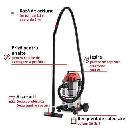 Aspirator umed - uscat Einhell TC - VC 3055 SA - cablu 3 m, maner transport, 900 W, 2000 W BricoMart - scule electrice si unelte profesionale - BricoMart