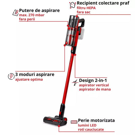 Aspirator vertical fara fir Einhell TE-SV 18/270 Li BL-Solo PXC,18 V, Brushless, 270 mbar, fara sac, 3 moduri de putere, sistem de filtrare in 3 etape, incl. accesorii, fara baterie - imagine 4