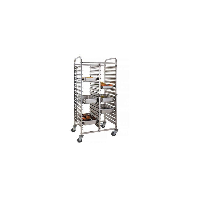 Carucior pentru debarasare tavi, cu roti, capacitate dubla 2 x 15 tavi GN 1/1 (530x325 mm), Hendi, compact, din inox, 798x610x(H)1710mm