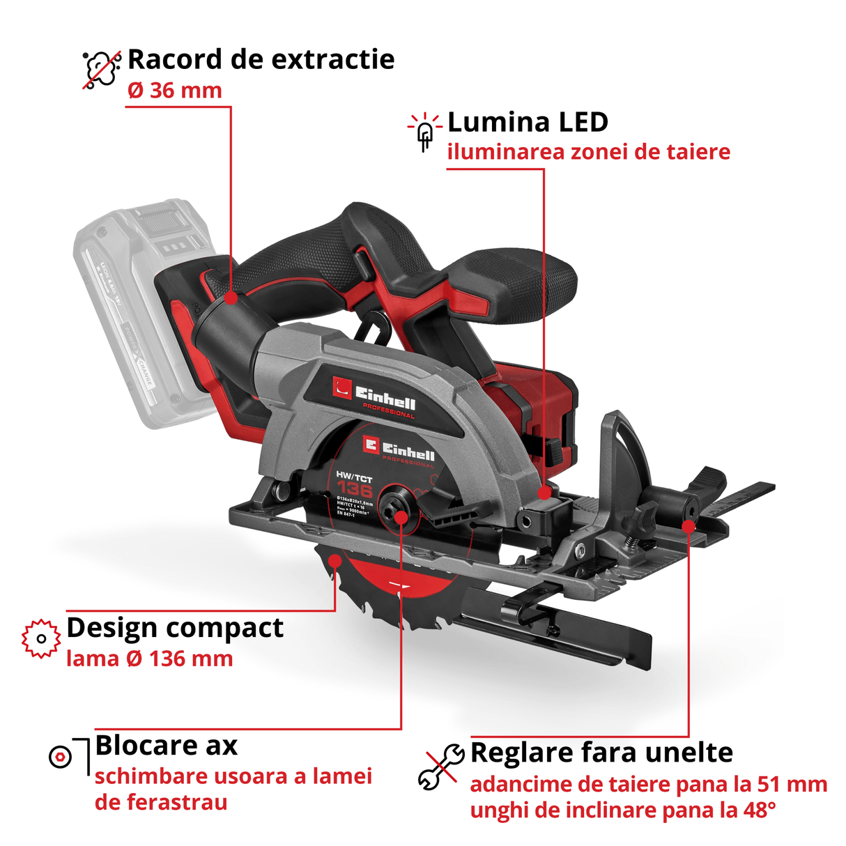 Circular de mana fara fir Einhell TP - CS 18/136 - C Li BL - Solo BricoMart - scule electrice si unelte profesionale - BricoMart