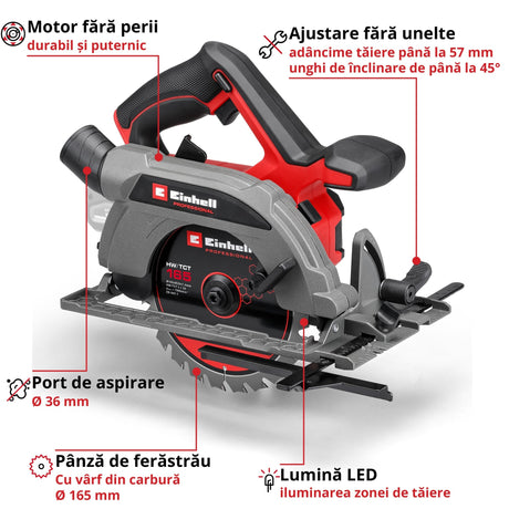Circular de mana fara fir Einhell TP - CS 18/165 Li BL - Solo - indicator LED, Softgrip BricoMart - scule electrice si unelte profesionale - BricoMart