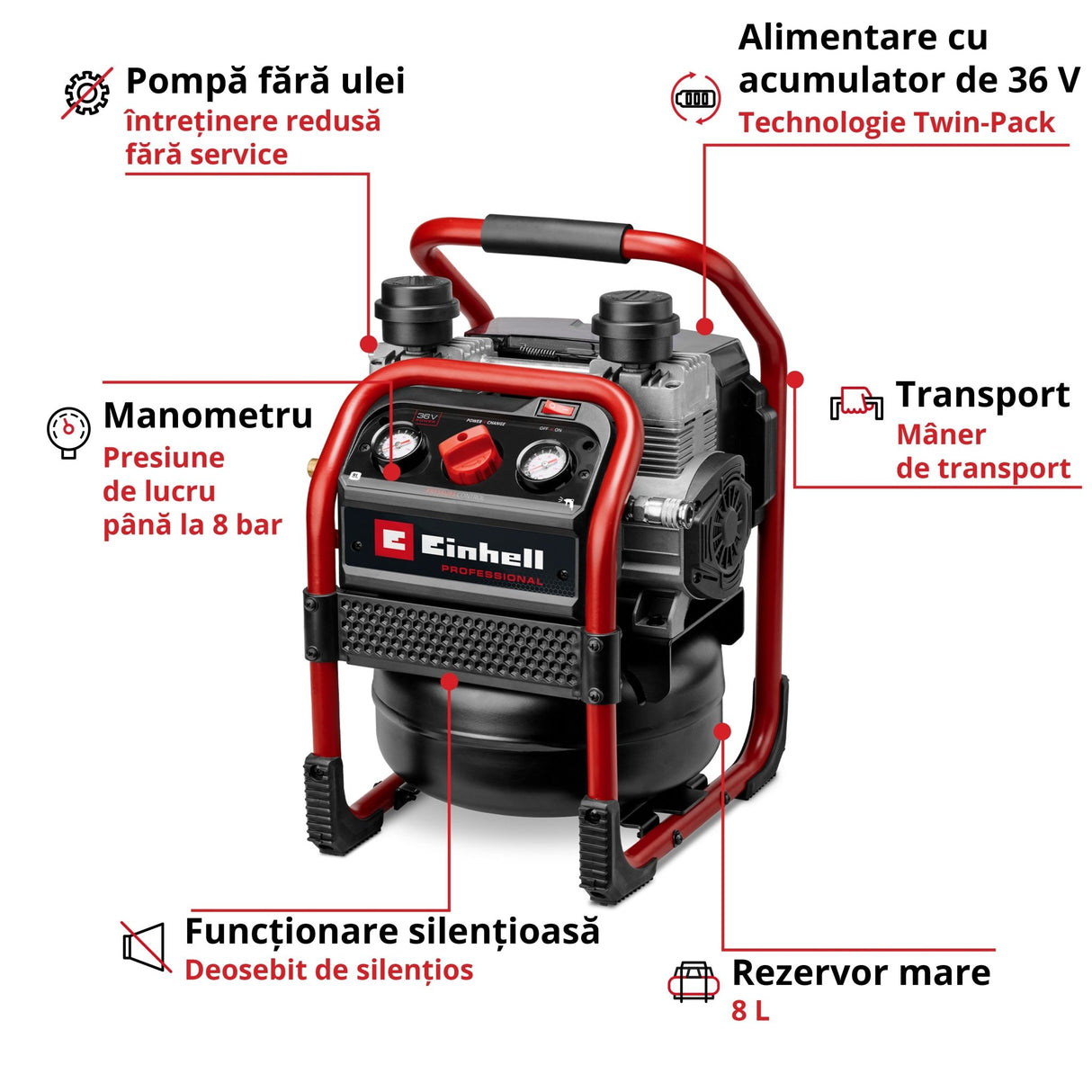 Compresor aer fara fir Einhell SILENZZO 36/210 - 8 l, 60 dB (A) BricoMart - scule electrice si unelte profesionale - BricoMart