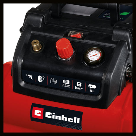 Compresor Einhell TC - AC 190/6/8 OF Set, 1200 W, max. 8 bar, rezervor de 6 L, capacitate de admisie 190 L/m, turatie motor 18000 rpm, regulator de presiune, manometru, fara ulei Einhell - scule electrice si unelte profesionale - BricoMart