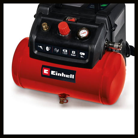Compresor Einhell TC - AC 190/6/8 OF Set, 1200 W, max. 8 bar, rezervor de 6 L, capacitate de admisie 190 L/m, turatie motor 18000 rpm, regulator de presiune, manometru, fara ulei Einhell - scule electrice si unelte profesionale - BricoMart