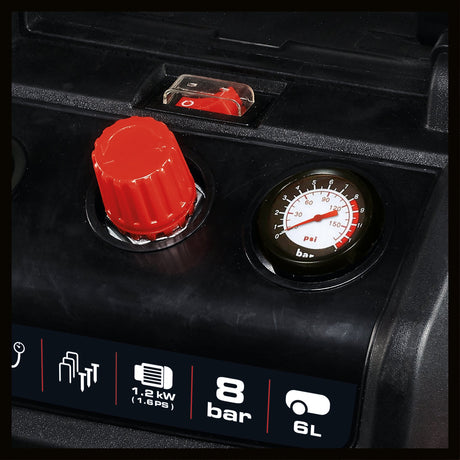 Compresor Einhell TC - AC 190/6/8 OF Set, 1200 W, max. 8 bar, rezervor de 6 L, capacitate de admisie 190 L/m, turatie motor 18000 rpm, regulator de presiune, manometru, fara ulei Einhell - scule electrice si unelte profesionale - BricoMart