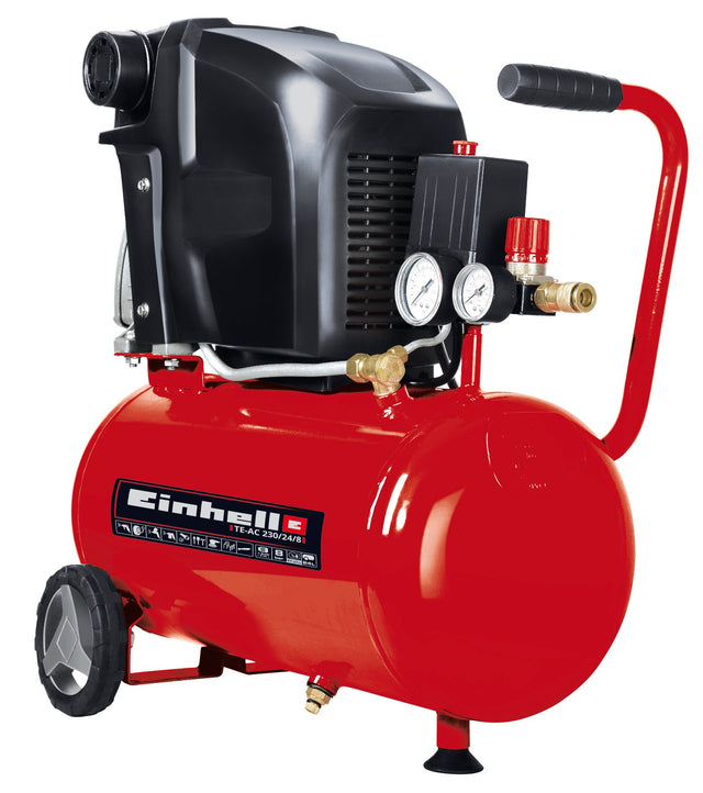 Compresor Einhell TE - AC 230/24/8, 1500 W, max. 8 bar, rezervor de 24 l, putere de aspirare 230 l/min, turatie motor 2850 rpm, reductor de presiune, 2 manometre, lubrifiere cu ulei Einhell - scule electrice si unelte profesionale - BricoMart