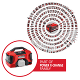 Compresor pe acumulator Einhell PRESSITO Power X - Change, 18 V, max. 11 bar, lungime furtun 31 cm, inclusiv set adaptor 3 piese, fara acumulator Einhell - scule electrice si unelte profesionale - BricoMart