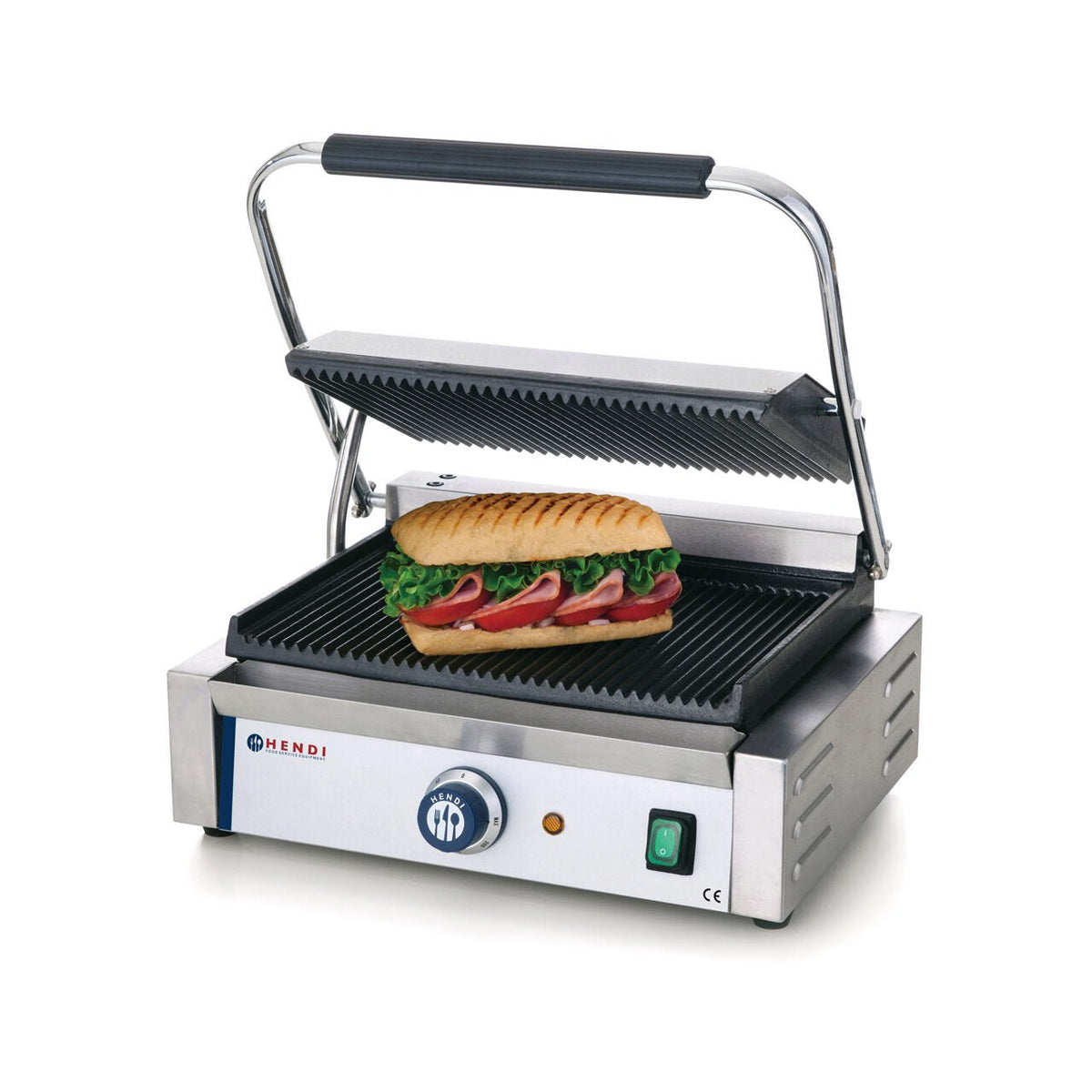 Contact grill Panini, profesional, Hendi, 2200W, partea superioara si cea inferioara striate, din fonta cu invelis ceramic, suprafata grill 340 x 230 mm