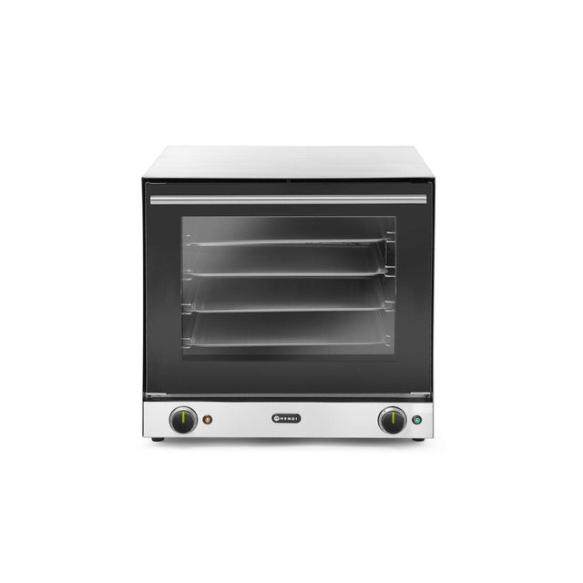 Cuptor convectie Hendi H90, 4 tavi 438x315 mm incluse, 2 elemente incalzire, 2 ventilatoare, termostat reglabil 50-300 gr C, timer 0-120 min, 2670 W,595x624x(H)572mm