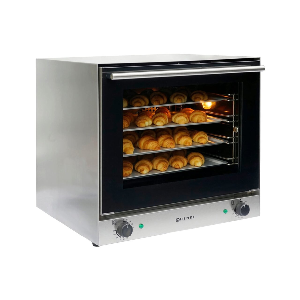 Cuptor convectie Hendi H90, 4 tavi 438x315 mm incluse, 2 elemente incalzire, 2 ventilatoare, termostat reglabil 50-300 gr C, timer 0-120 min, 2670 W,595x624x(H)572mm