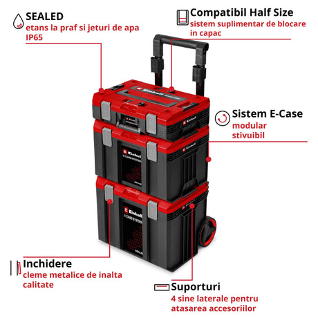 Cutii pentru scule E-Case originale Einhell, atelier rulant format din 3 genti, max. 120 kg, rezistente la praf + jet de apa, 44 x 40 x 70 cm, inclusiv sine laterale - imagine 3