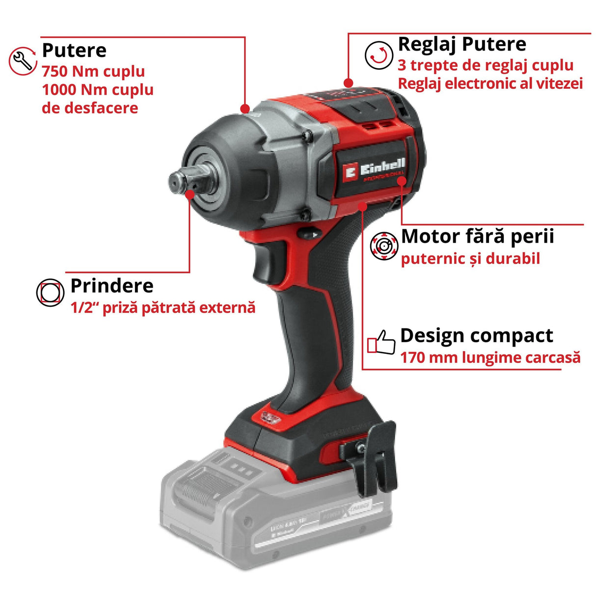 Einhell Professional Cheia de impact TP-CW 18/750-C Li BL-Solo PXC, 18 V, cuplu de 750 Nm, functie de oprire automata, motor fara perii, prindere patrata externa, fara baterie inclusa - imagine 4