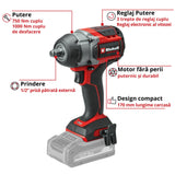 Einhell Professional Cheia de impact TP-CW 18/750-C Li BL-Solo PXC, 18 V, cuplu de 750 Nm, functie de oprire automata, motor fara perii, prindere patrata externa, fara baterie inclusa - imagine 4