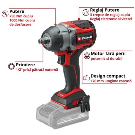 Einhell Professional Cheia de impact TP-CW 18/750-C Li BL-Solo PXC, 18 V, cuplu de 750 Nm, functie de oprire automata, motor fara perii, prindere patrata externa, fara baterie inclusa - imagine 4