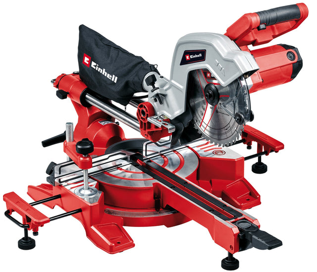 Fierastrau circular cu tractiune, taiere transversala si unghiulara Einhell TC - SM 216, 1.600 W, placa rotativa cu reglare rapida si pozitii de blocare, laser, suporturi L+R, blocare ax, incl. lama de Fierastrau din carbura Einhell - scule electrice si unelte profesionale - BricoMart