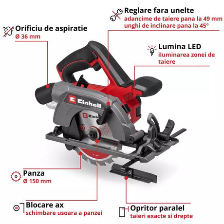 Fierastrau circular de mana pe acumulator Einhell TE-CS 18/150-2 Li - Solo Power X-Change,18 V, disc Ø 150 mm, adancime taiere 49 mm, reglare fara scule, LED, fara baterie - imagine 4