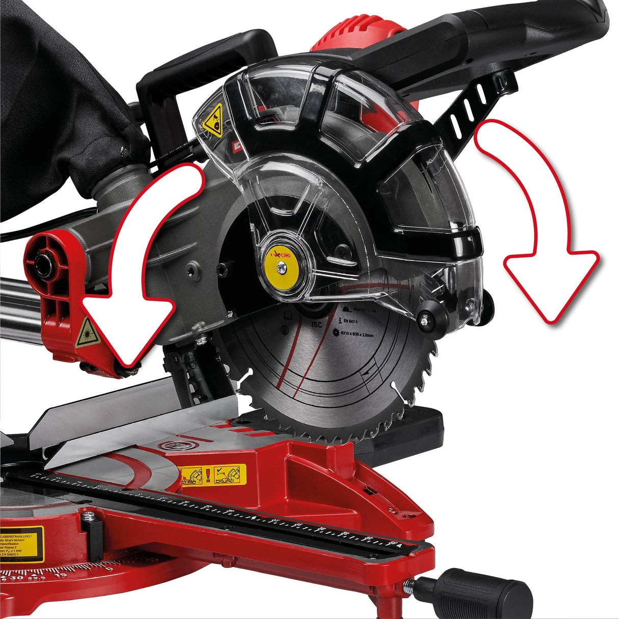 Fierastrau cu dubla tractiune, pentru taiere transversala si in unghi Einhell TC - SM 2131/2, max. 1.800 W, 4.900 rpm, functie de tractiune integrata, opritor piesa de lucru, dispozitiv de prindere, lama de Fierastrau cu varf de carbura, laser Einhell - scule electrice si unelte profesionale - BricoMart