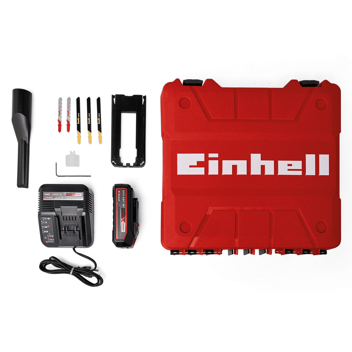 Fierastrau vertical pe acumulator Einhell TC - JS 18 Li (1x2,5 Ah Power X - Change (Li - Ion, 18 V, functie de cursa a pendulului, adaptor de aspirare, incl. 1x acumulator de 2,5 Ah, incarcator si geanta Einhell - scule electrice si unelte profesionale - BricoMart