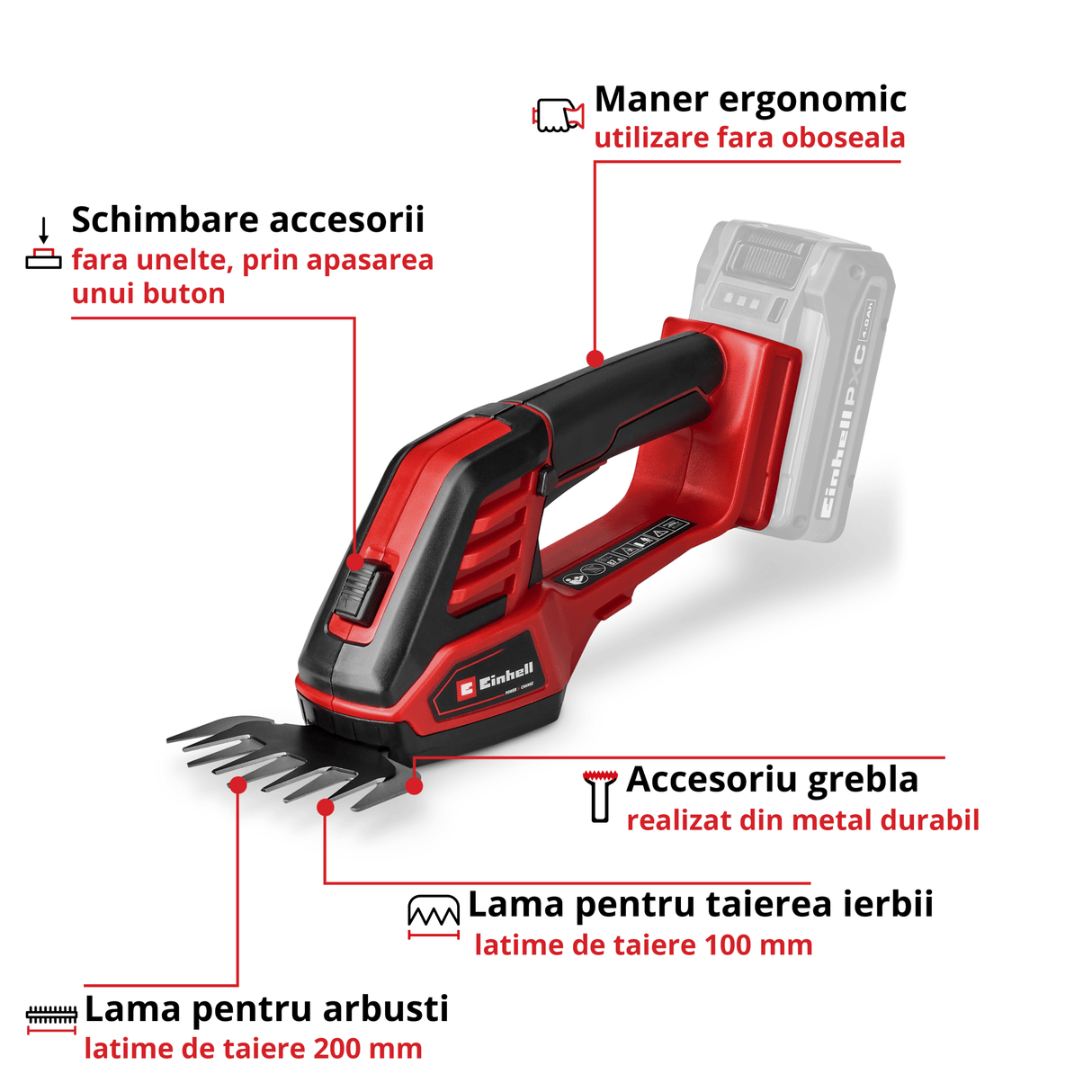 Foarfeca iarba si gard viu fara fir Einhell GE - CG 18/100 Li - 3 in 1 - Solo BricoMart - scule electrice si unelte profesionale - BricoMart