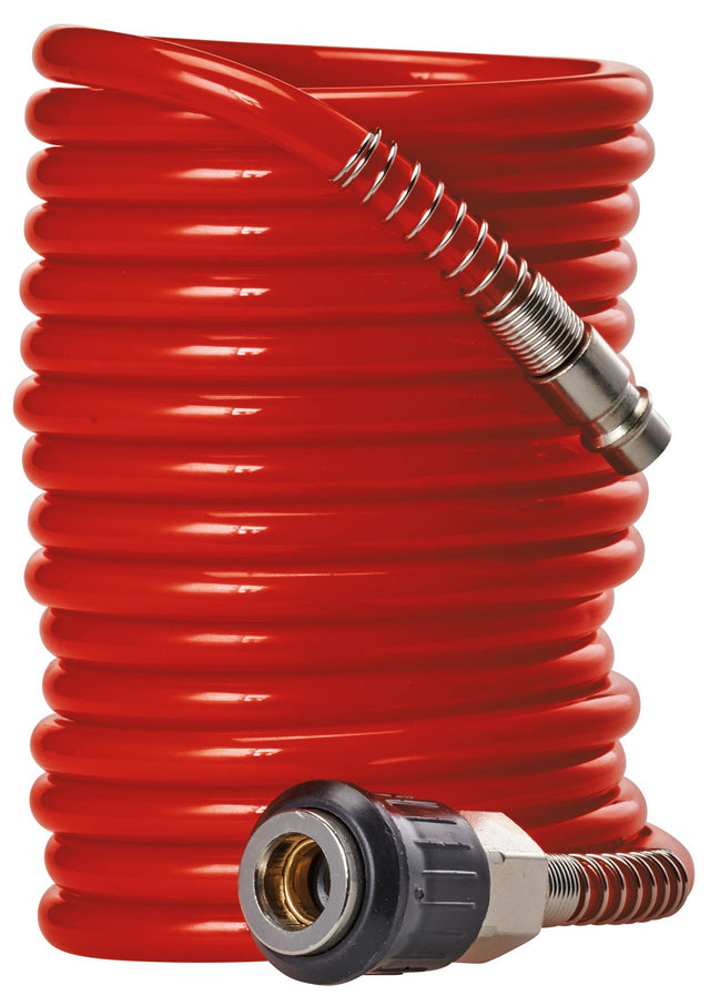 Furtun spiralat original Einhell 4 m (accesoriu pentru compresor, lungime 4 m, diametru interior 6 mm, fabricat din material PU, presiune de lucru max. 10 bar, incl. cuplaj rapid si niplu pentru dop) Einhell - scule electrice si unelte profesionale - BricoMart