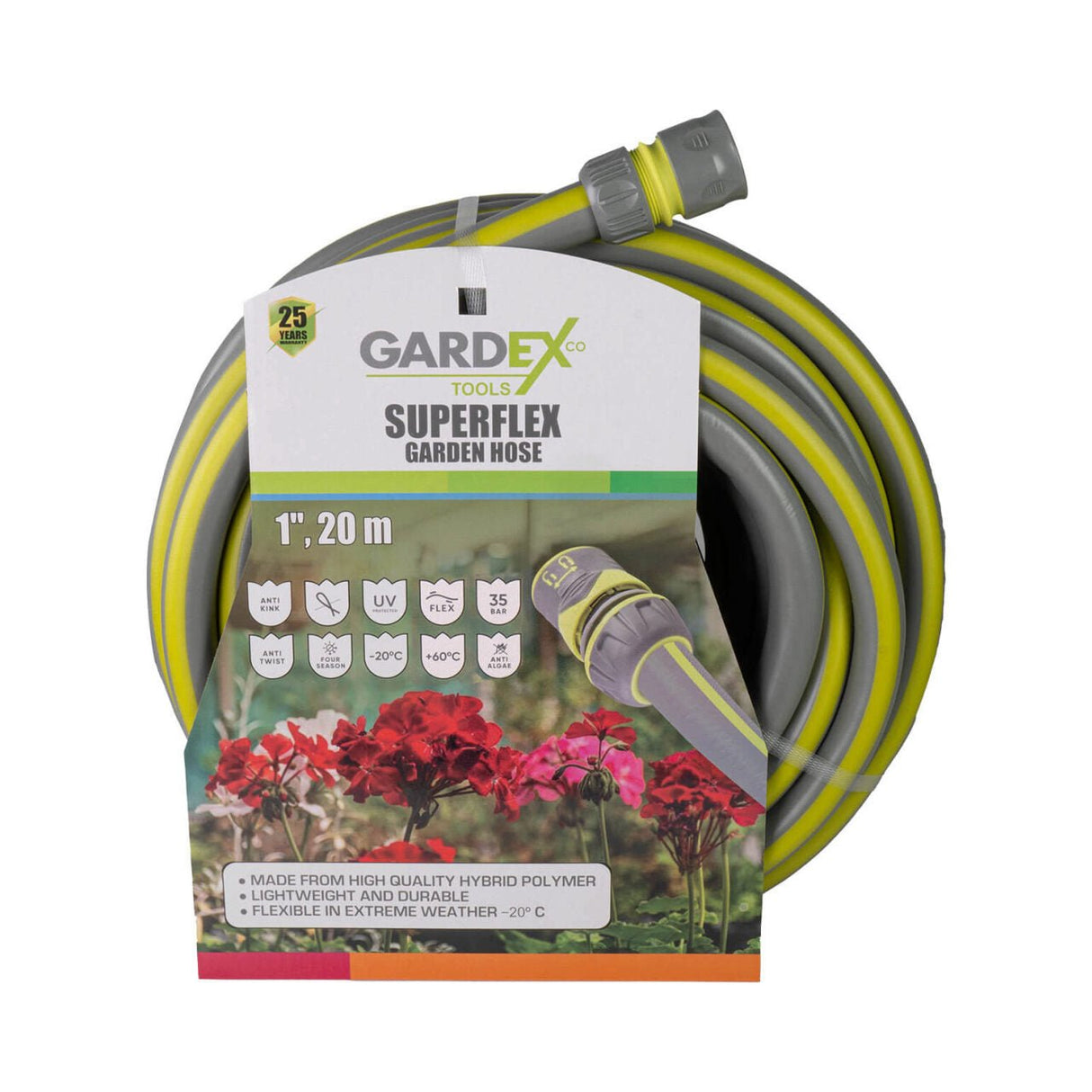 GARDEX Furtun de gradina SUPERFLEX 1", 20m GX Fabricate din polimer hibrid rezistent la temperaturi de - 20 °C la +60 °C Rezistent la o presiune maximă de 35 de bari F Gardex - scule electrice si unelte profesionale - BricoMart