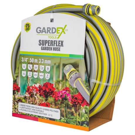 GARDEX Furtun de gradina SUPERFLEX 3/4", 50m, 3.3mm GX Fabricate din polimer hibrid rezistent la temperaturi de - 20 °C la +60 °C Rezistent la o presiune maximă de 35 de bari F Gardex - scule electrice si unelte profesionale - BricoMart