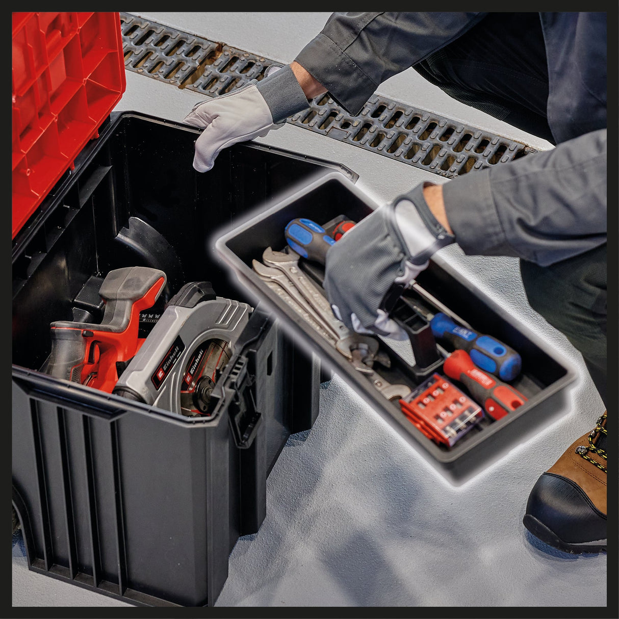 Geanta de sistem originala Einhell E - Case L (max. 120 kg, depozitare si transport universal de accesorii si unelte, stivuibila, conectabila) Einhell - scule electrice si unelte profesionale - BricoMart
