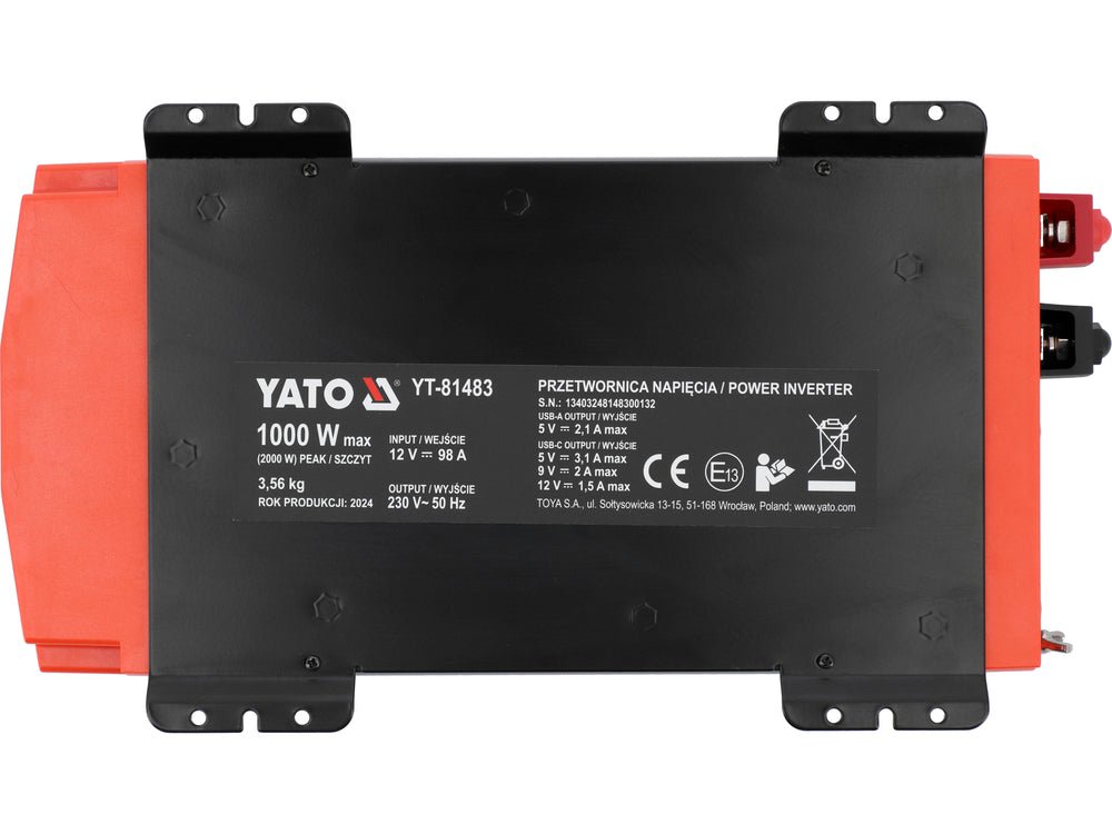 INVERTOR TENSIUNE 12V/230V 1000W Yato YT - 81483 - 2000W Yato - scule electrice si unelte profesionale - BricoMart