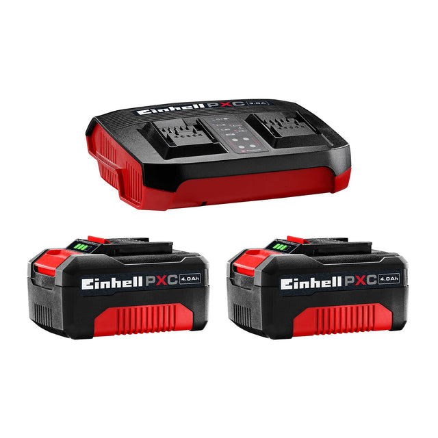 Kit 2 acumulatori si incarcator original Einhell 4,0 Ah si incarcator dublu Power X - Change, Li - Ion, 18 V, timp de incarcare de 75 min, potrivit pentru toate dispozitivele Power X - Change Einhell - scule electrice si unelte profesionale - BricoMart