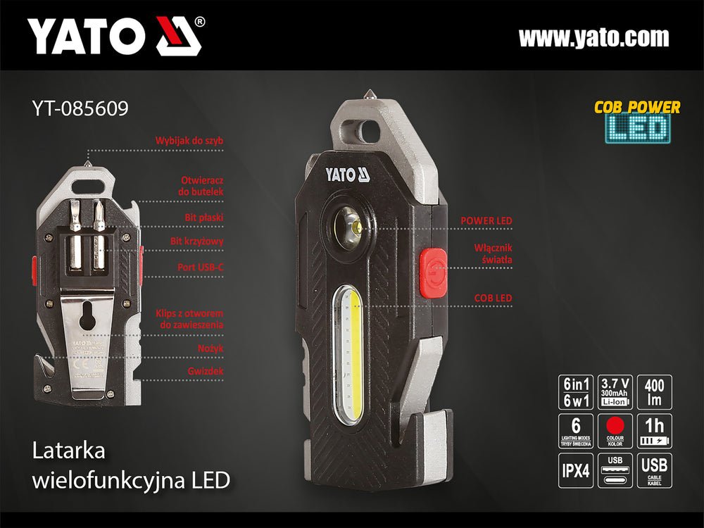 LANTERNA MULTIFUNCTIONALA 6 IN 1 400LM Yato YT - 085609 - 3 W, 2 W, 400 lm, 200 lm Yato - scule electrice si unelte profesionale - BricoMart