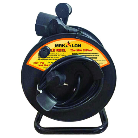 MAKALON Tambur cu cablu 25m 1.5mm2 cu protectie termica MK Rola cu picior suport Usor de rebobinat Makalon - scule electrice si unelte profesionale - BricoMart