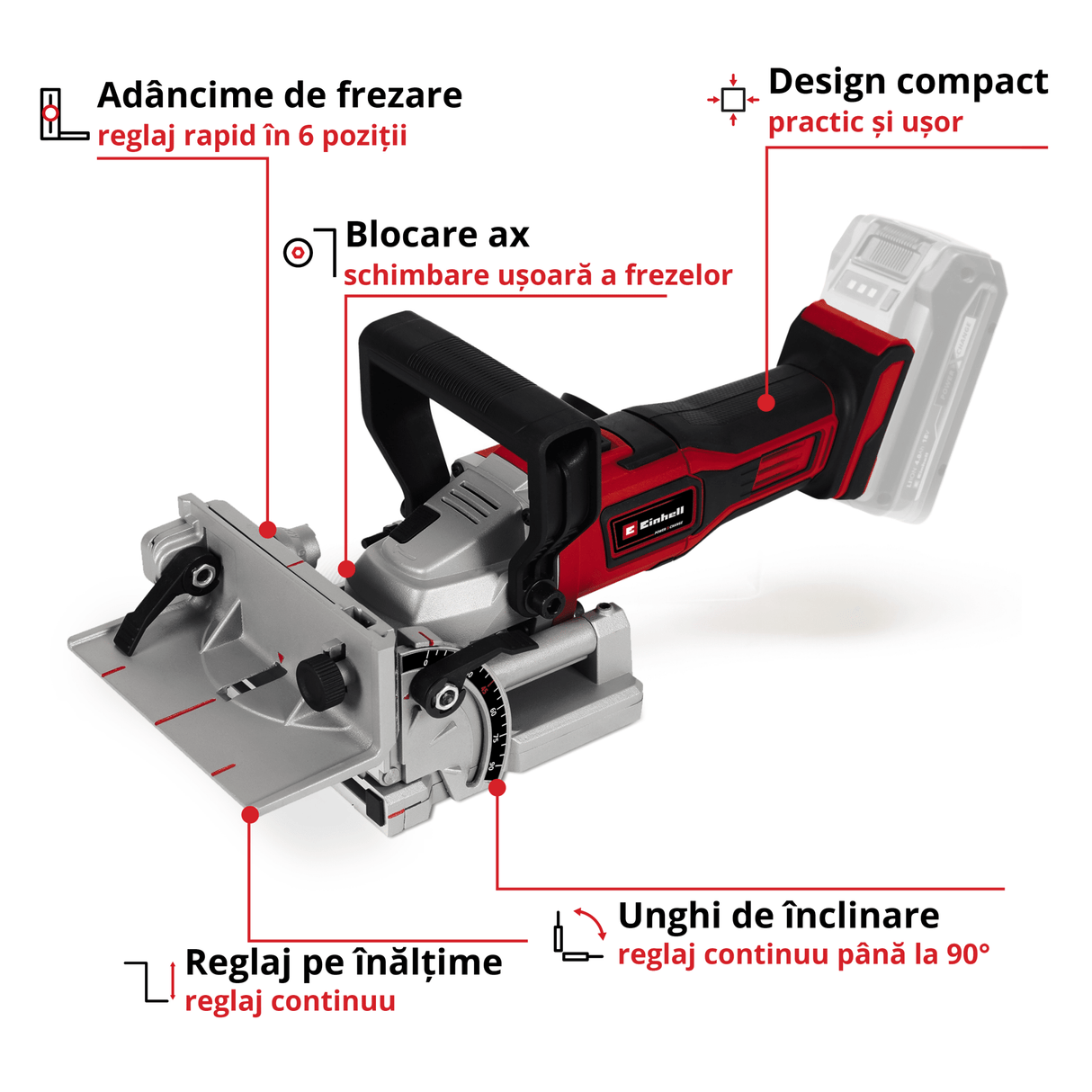 Masina de frezat pentru dibluri din lemn/biscuitorpe acumulator Einhell TE - BJ 18 Li - Solo Power X - Change (18 V, Li - ion, reglare infinita a unghiului/inaltimii, reglare a adancimii in 6 trepte, fara acumulator sau incarcator Einhell - scule electrice si unelte profesionale - BricoMart