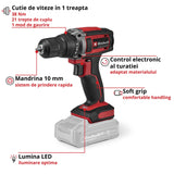 Masina de gaurit cu acumulator Einhell TC-CD 18/38 Li - Solo Power X-Change, 18 V, 38 Nm, mandrina de 10 mm, 21+1 setari de cuplu, lumina LED, fara baterie - imagine 3