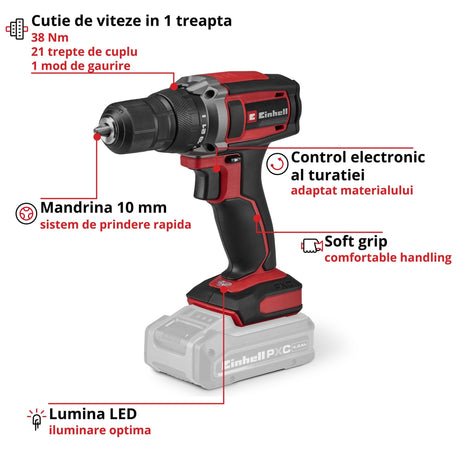 Masina de gaurit cu acumulator Einhell TC-CD 18/38 Li - Solo Power X-Change, 18 V, 38 Nm, mandrina de 10 mm, 21+1 setari de cuplu, lumina LED, fara baterie - imagine 3