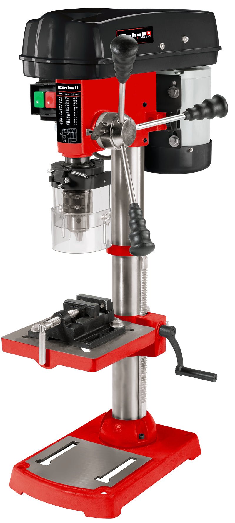 Masina de gaurit cu coloana Einhell TC - BD 630, 630 W, max. 2.450 rpm, 12 setari, adancime max. de gaurire 60 mm, mandrina MK2, opritor de adancime reglabil, masa de gaurit cu functie de inclinare si pivotare, incl. menghina Einhell - scule electrice si unelte profesionale - BricoMart