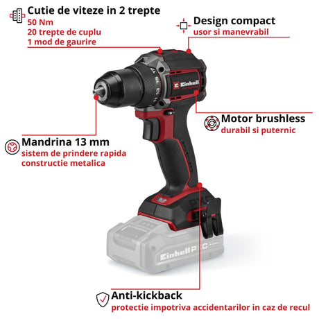 Masina de gaurit fara fir Einhell Professional TP-CD 18/50-C Li BL - Solo Power X-Change, 18 V, fara perii, 50 Nm, mandrina metalica de 13 mm, 2 viteze, anti-recul, fara baterie - imagine 3
